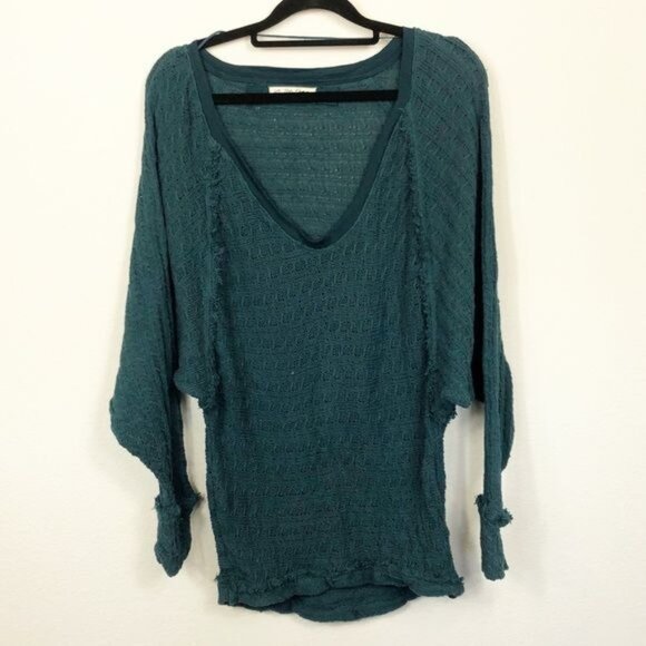 We The Free Thiens Hacci Teal Oversized Top XS Lightweight Textured Knit Raw Hem - Picture 2 of 9